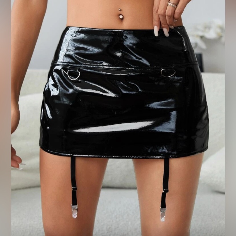 Black Vinyl PU Garter Mini Skirt with Shorts